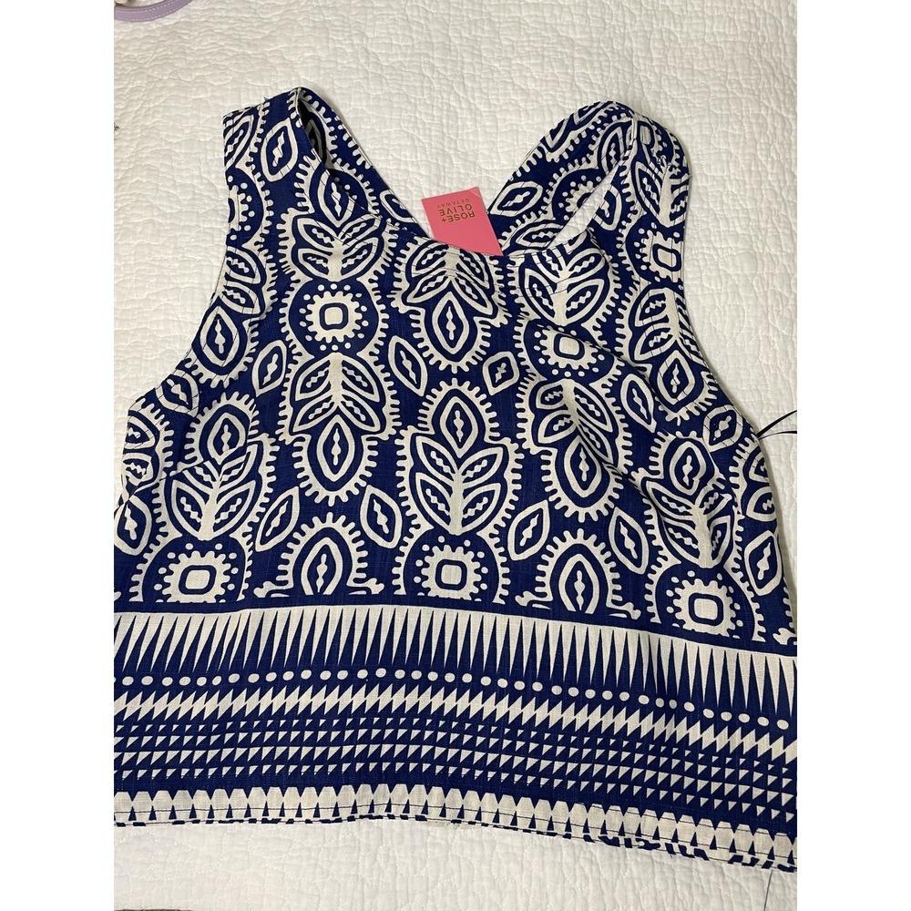 Rose + Olive Women's Summer Top. Size L Navy And Cream Linen Looking Smocking